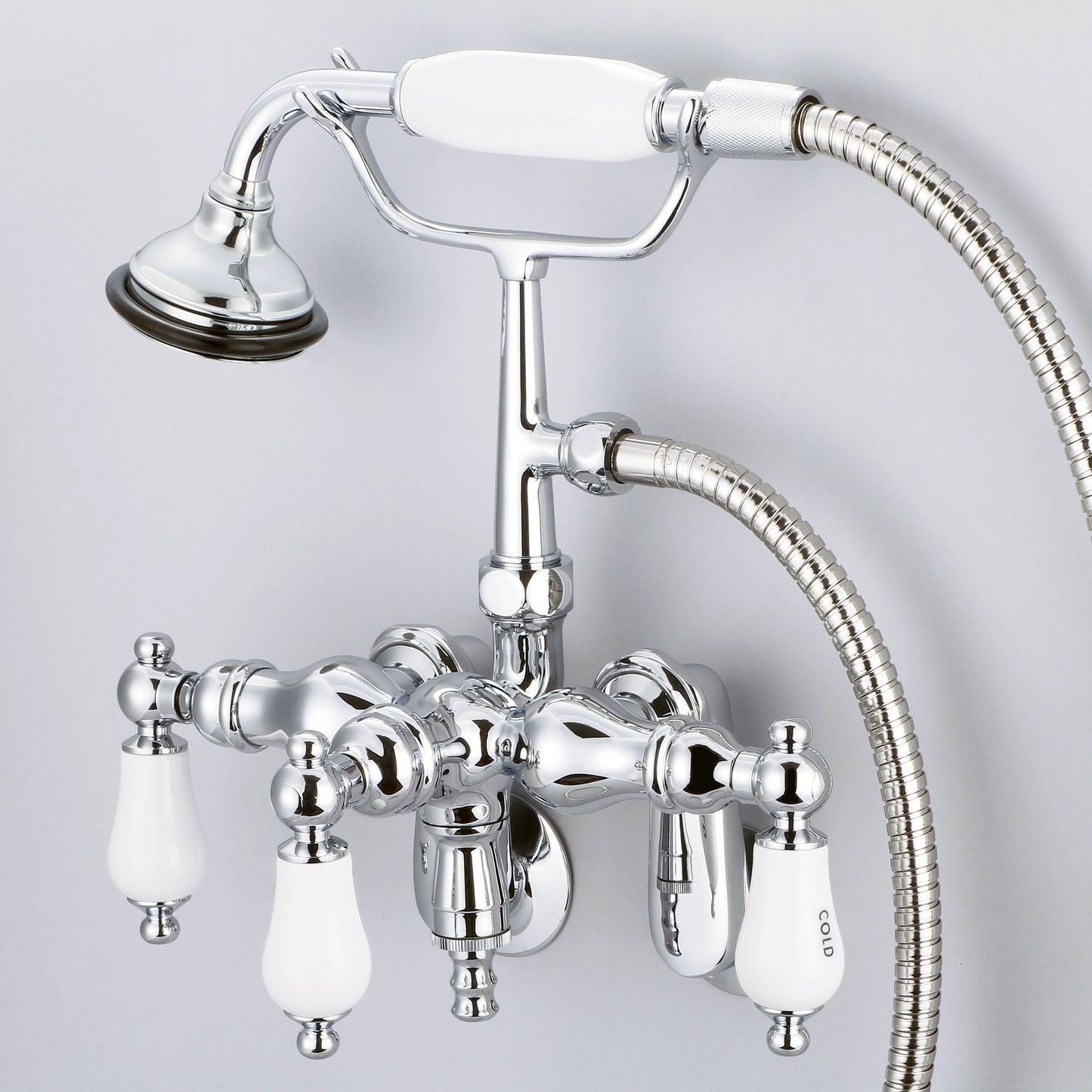 Vintage Classic Adjustable Center Wall Mount Tub Faucet With Down Spout, Swivel Wall Connector & Handheld Shower in Chrome Finish, With Porcelain Lever Handles, Hot And Cold Labels Included