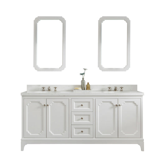 QUEEN 72"W x 34"H Pure White Double-Sink Vanity with Carrara Quartz Countertop + Faucets & Mirror (F2-0009)