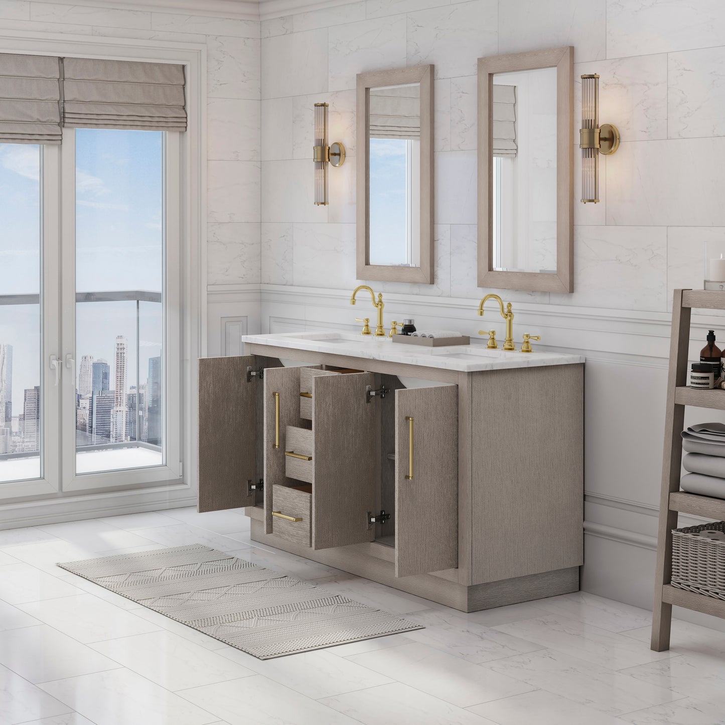 HUGO 60"W x 34.3"H Gray Oak Double-Sink Vanity with Carrara White Marble Countertop + Mirrors