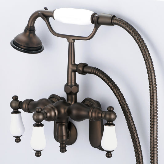 Vintage Classic Adjustable Center Wall Mount Tub Faucet With Down Spout, Swivel Wall Connector & Handheld Shower in Oil Rubbed Bronze Finish, With Porcelain Lever Handles Without labels