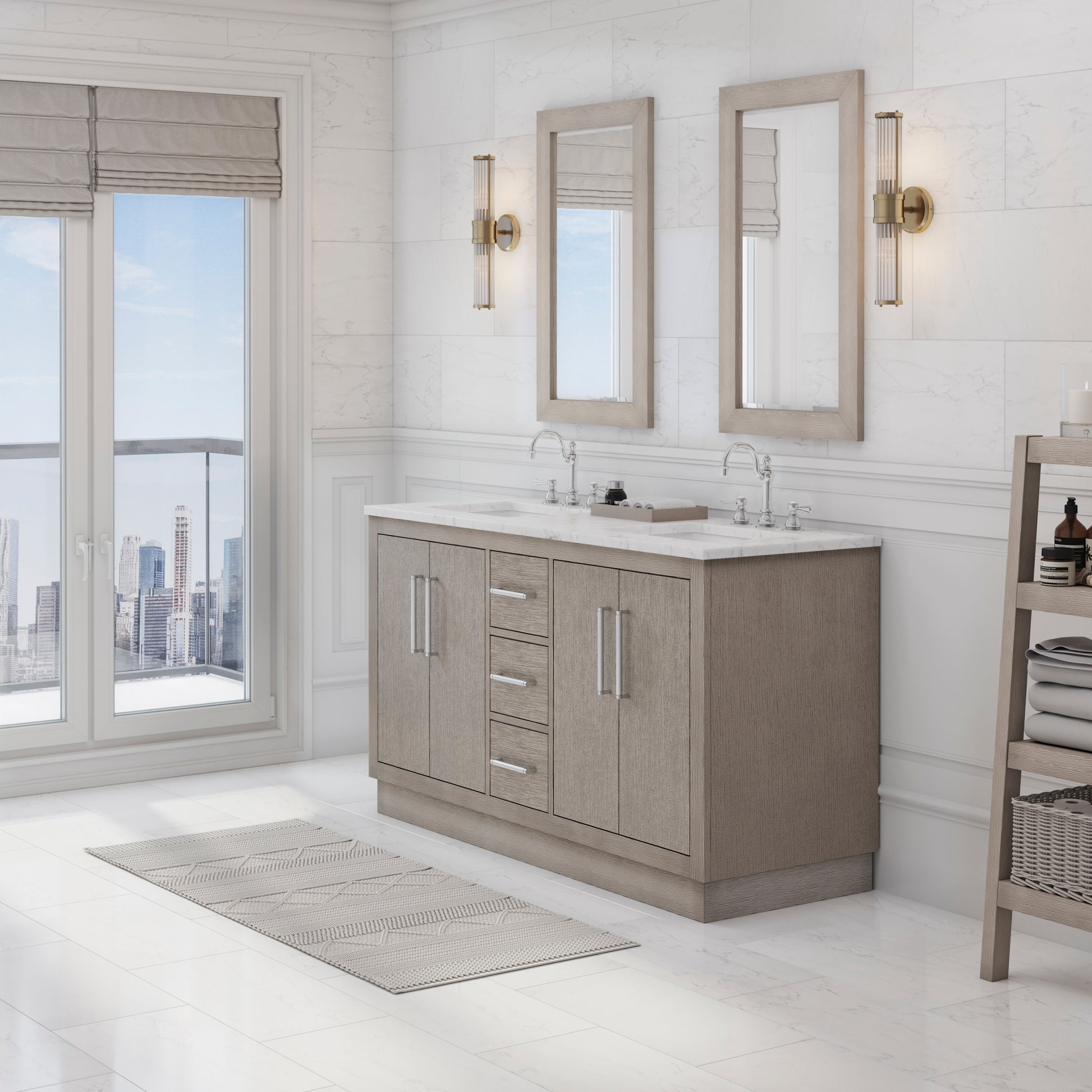 HUGO 60"W x 34.3"H Gray Oak Double-Sink Vanity with Carrara White Marble Countertop