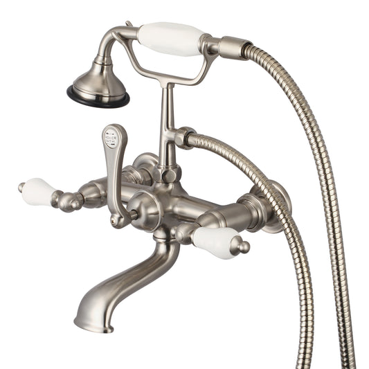 Vintage Classic 7" Spread Wall Mount Tub Faucet With Straight Wall Connector & Handheld Shower in Brushed Nickel Finish, With Porcelain Lever Handles Without labels