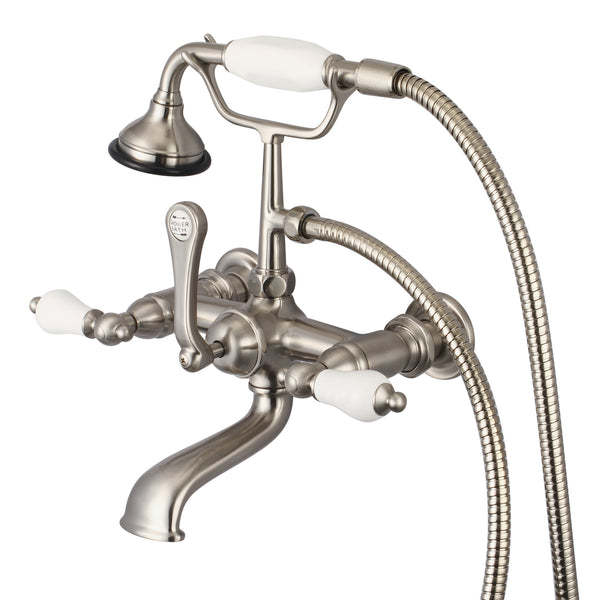 Vintage Classic 7 Spread Wall Mount Tub Faucet With Straight Wall Connector & Handheld Shower in Brushed Nickel Finish, With Porcelain Lever Handles Without labels