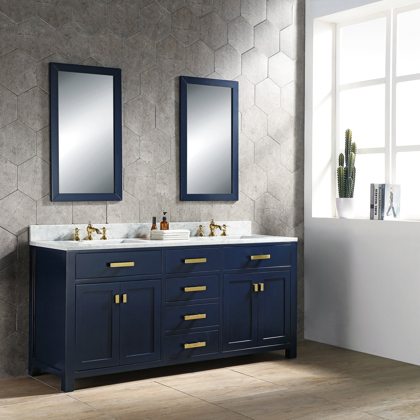 MADISON 72"W x 34"H Monarch Blue Double-Sink Vanity with Carrara White Marble Countertop + Faucets & Mirror (F2-0013-06-FX)