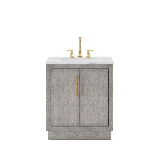 HUGO 30"W x 34.3"H Gray Oak Single-Sink Vanity with Carrara White Marble Countertop + Gooseneck Faucet