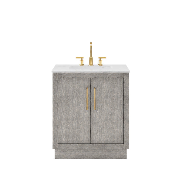 HUGO 30W x 34.3H Gray Oak Single-Sink Vanity with Carrara White Marble Countertop + Gooseneck Faucet