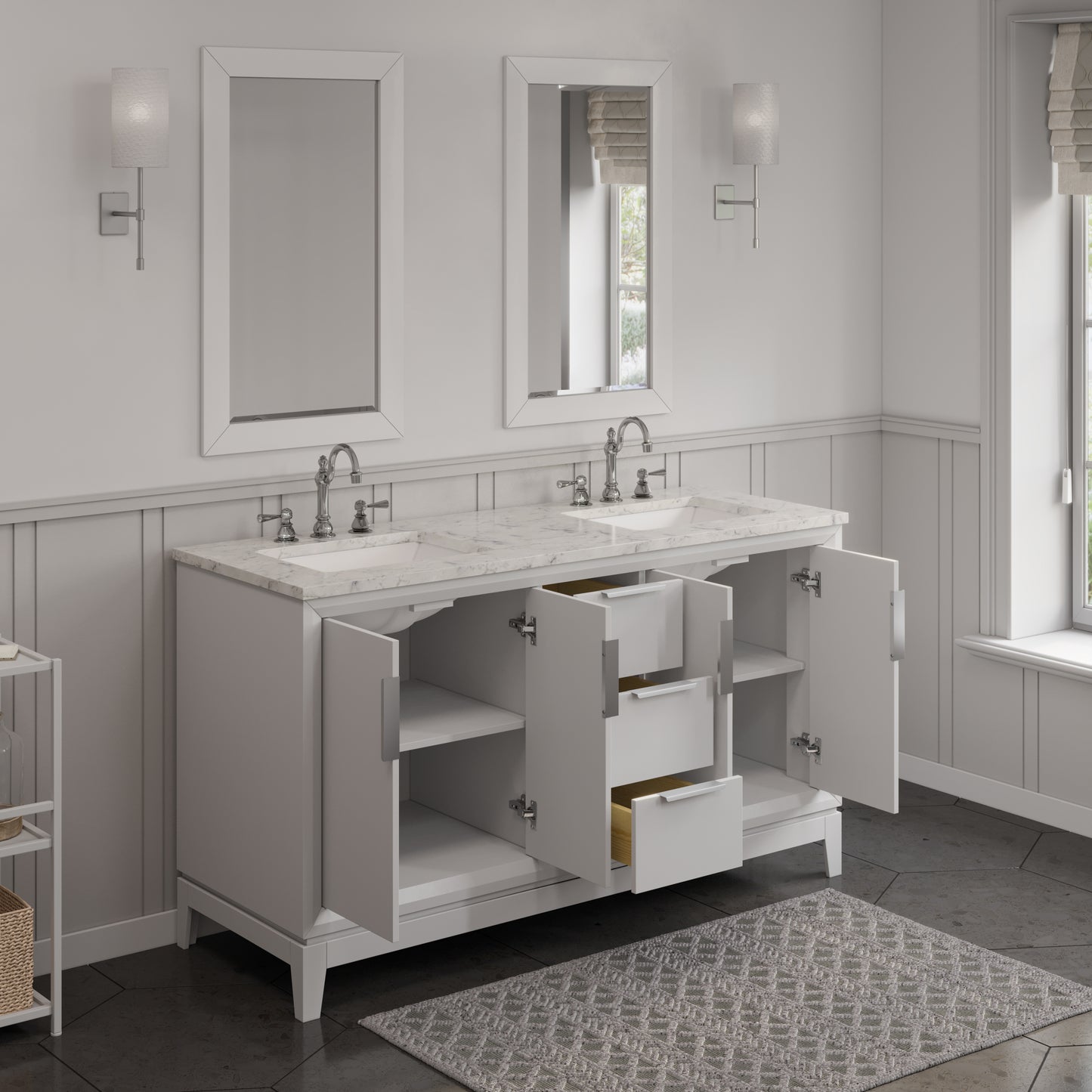 ELIZABETH 60"W x 34.25"H Pure White Double-Sink Vanity with Carrara White Marble Countertop + Faucets (F2-0012-01-TL)