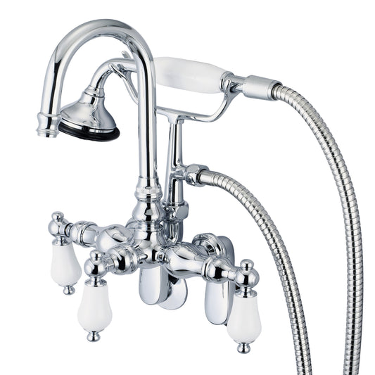 Vintage Classic Adjustable Spread Wall Mount Tub Faucet With Gooseneck Spout, Swivel Wall Connector & Handheld Shower in Chrome Finish, With Porcelain Lever Handles Without labels