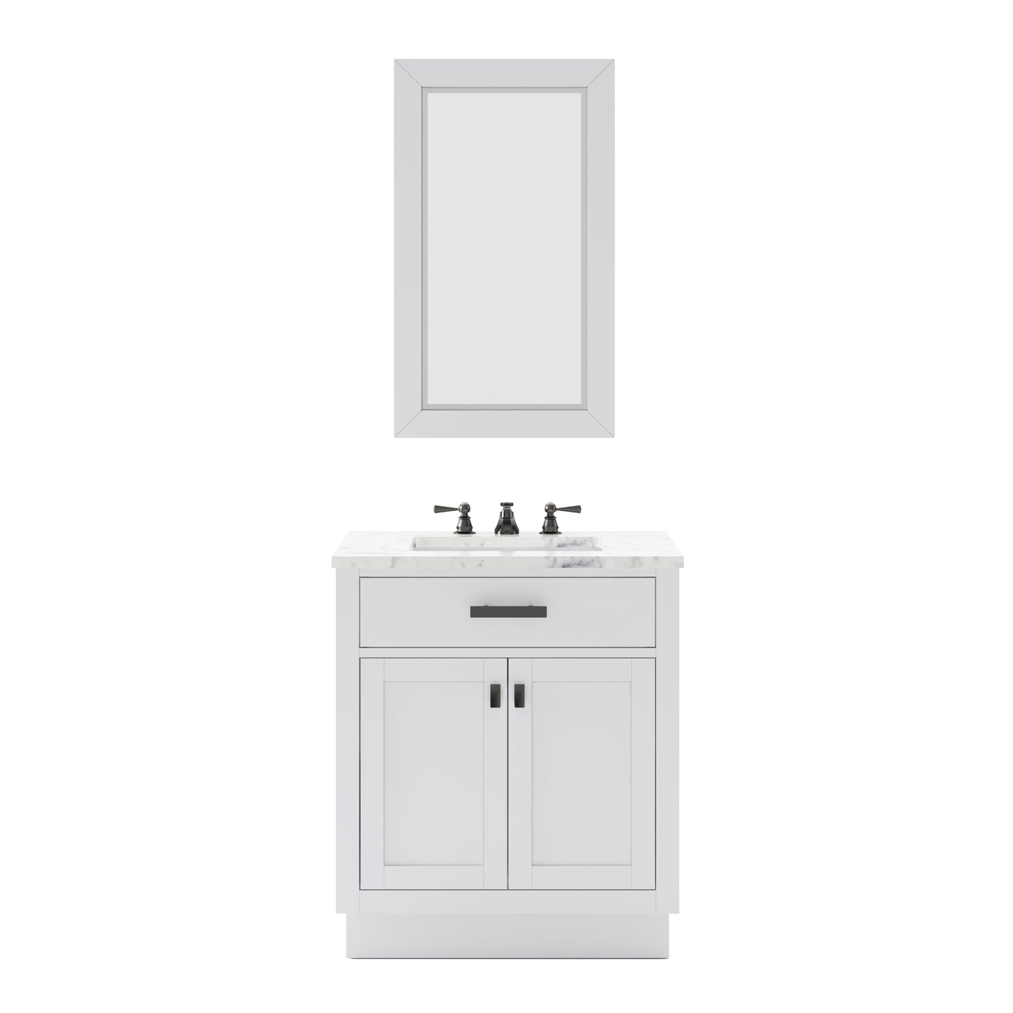 HARTFORD 30"W x 34"H Pure White Single-Sink Vanity with Carrara White Marble Countertop + Rectangular Mirror (S)