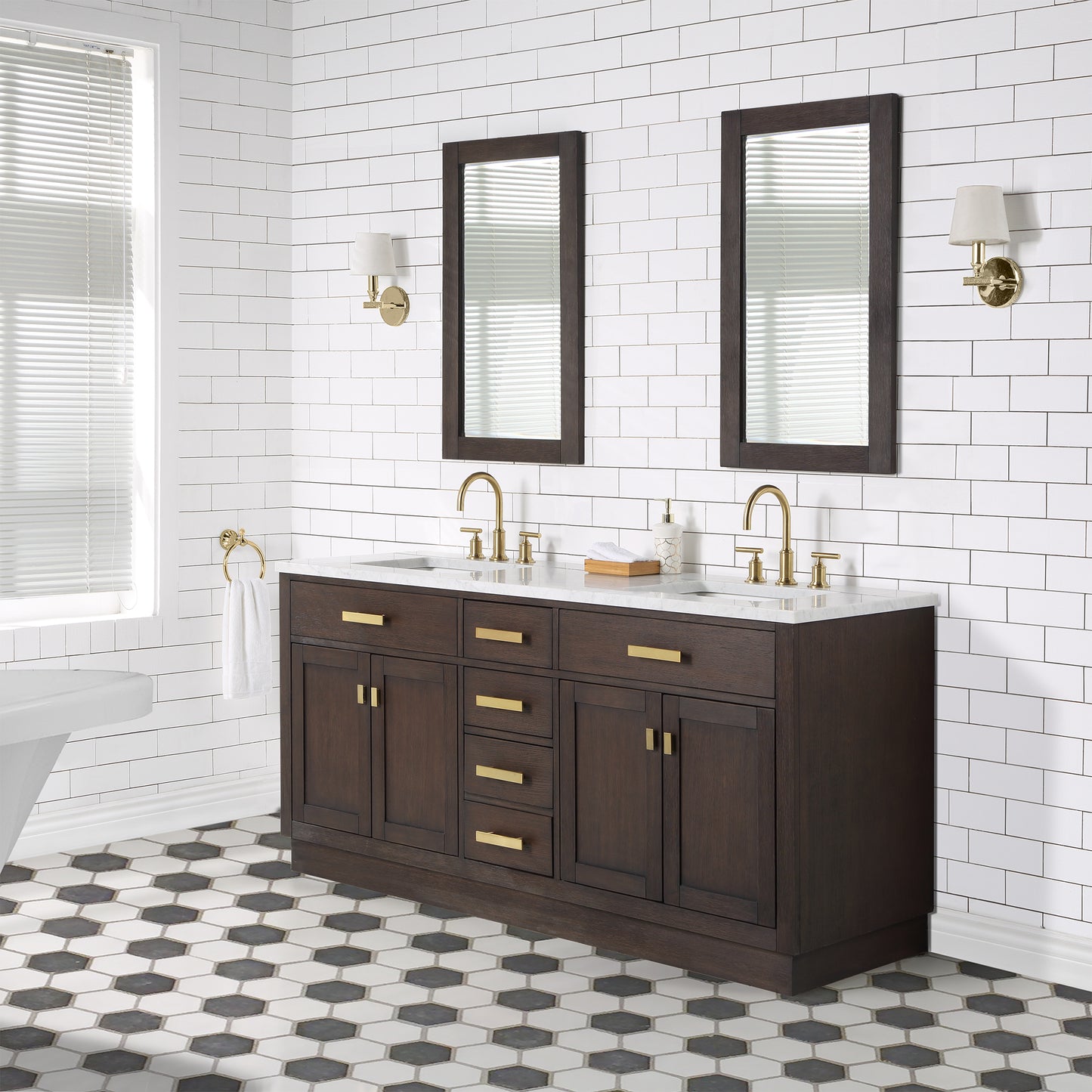 CHESTNUT 72"W x 34.2"H Brown Oak Double-Sink Vanity with Carrara White Marble Countertop + Mirrors