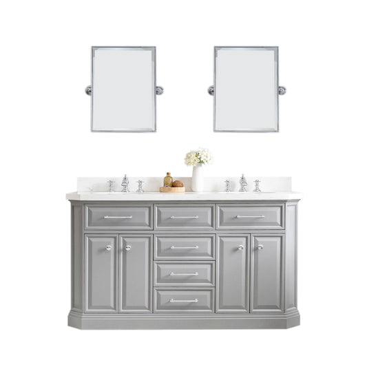 PALACE 60"W x 34"H Cashmere Gray Vanity with Carrara Quartz Countertop + Faucets & Mirror (F2-0013), Chrome Finish Hardware & Mirror