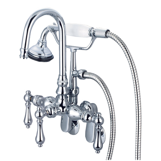 Vintage Classic Adjustable Spread Wall Mount Tub Faucet With Gooseneck Spout, Swivel Wall Connector & Handheld Shower in Chrome Finish, With Metal Lever Handles Without Labels