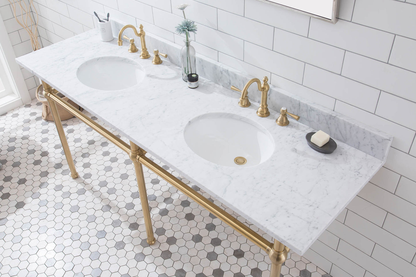 EMBASSY 72"W x 34"H  Double Washstand , P-Trap, Countertop with Sink, F2-0012 Faucet and Mirror included, in Satin Gold Finish