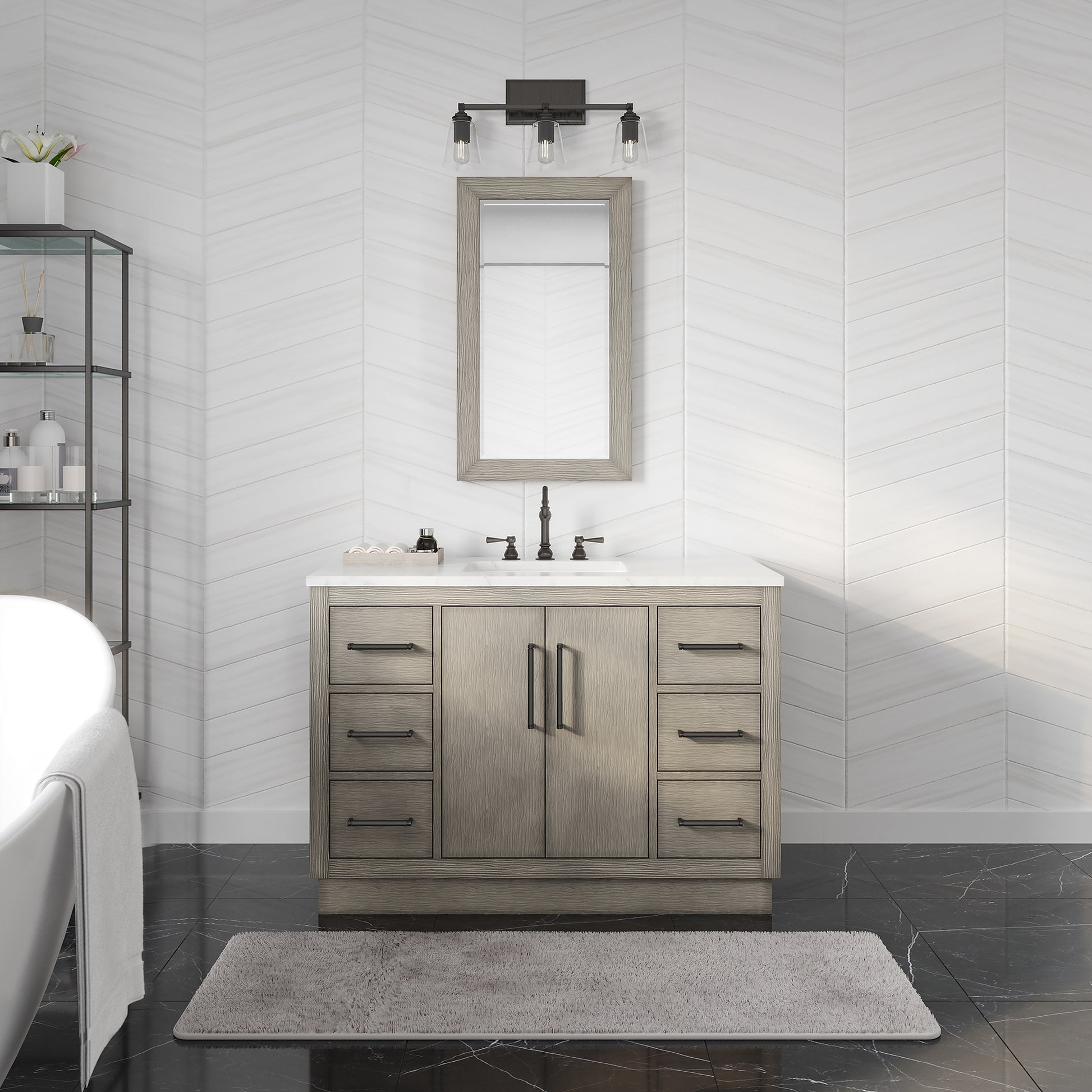 HUGO 48"W x 34.3"H Gray Oak Single-Sink Vanity with Carrara White Marble Countertop + Hook Faucet and Mirror