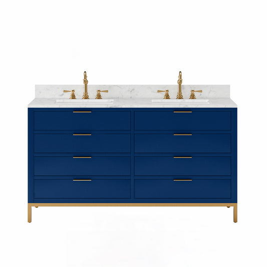 BRISTOL 60"W x 34"H Monarch Blue Double-Sink Vanity with Carrara White Marble Countertop