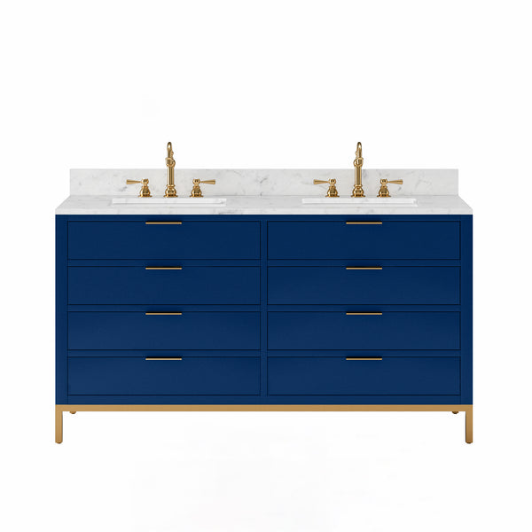 BRISTOL 60W x 34H Monarch Blue Double-Sink Vanity with Carrara White Marble Countertop