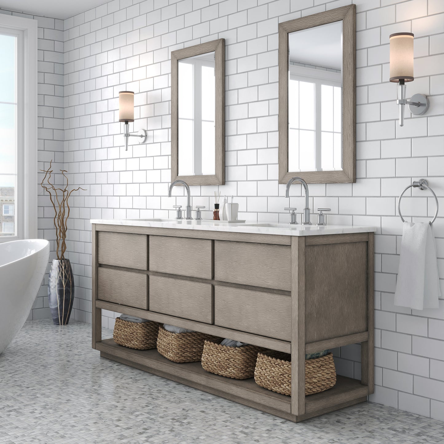 OAKMAN 72"W x 34.3"H Gray Oak Double-Sink Vanity with Carrara White Marble Countertop + Chrome Faucets