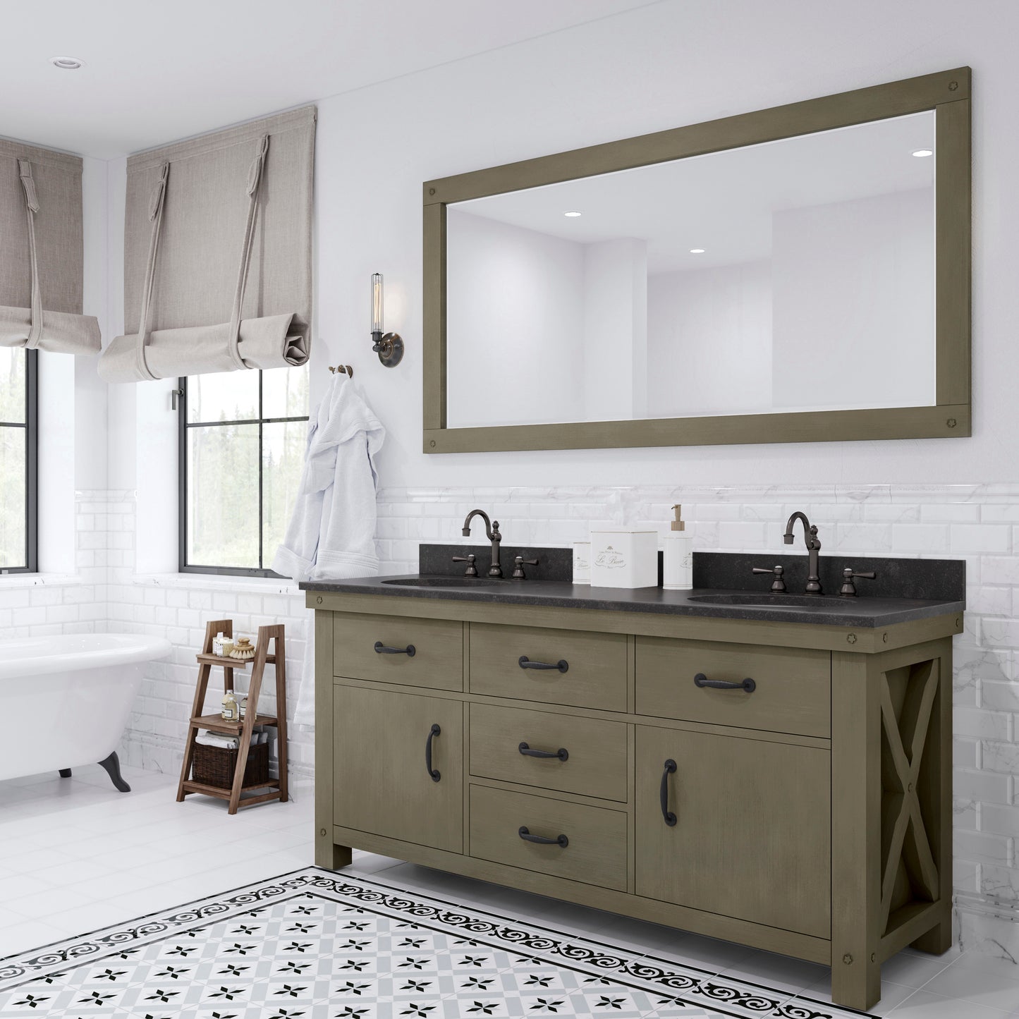 ABERDEEN 72"W x 34"H Grizzle Gray Double-Sink Vanity with Blue Limestone Countertop + Faucets & Mirror