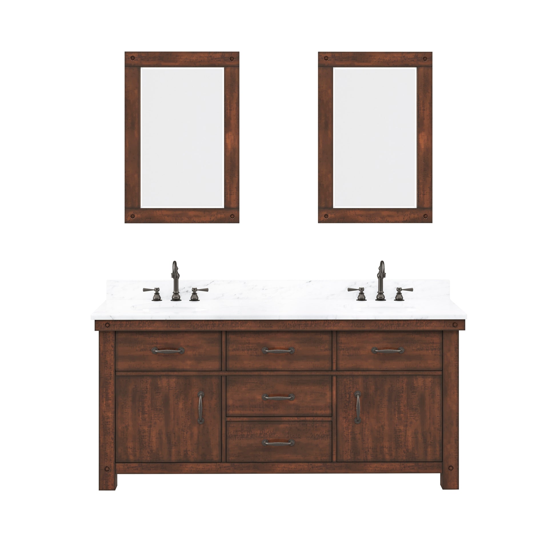 ABERDEEN 72"W x 34"H Sierra Rustic Double-Sink Vanity with Carrara White Marble Countertop + Hook Faucets and Mirrors