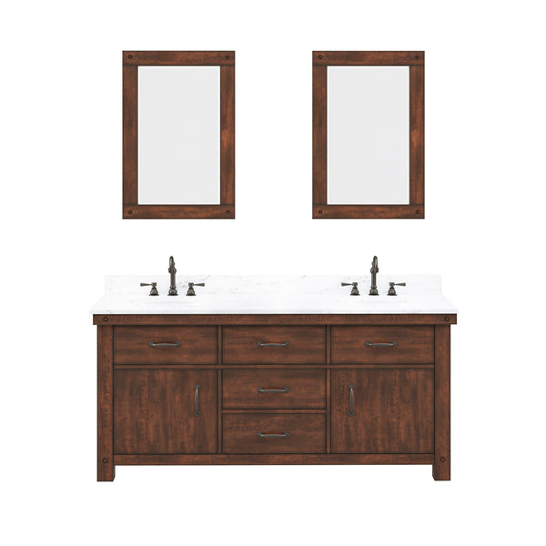 ABERDEEN 72W x 34H Sierra Rustic Double-Sink Vanity with Carrara White Marble Countertop + Hook Faucets and Mirrors