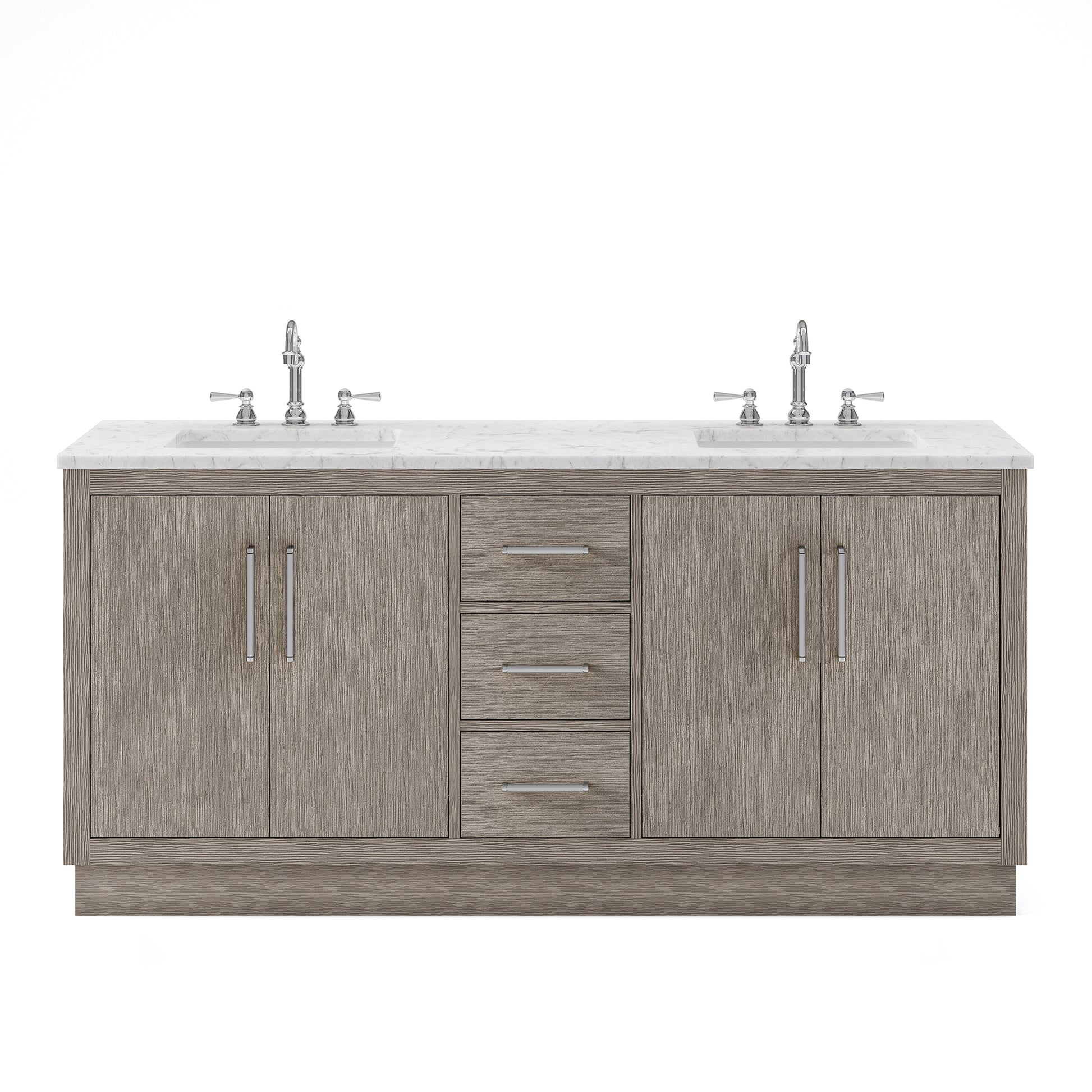 HUGO 72"W x 34.3"H Gray Oak Double-Sink Vanity with Carrara White Marble Countertop + Hook Faucets