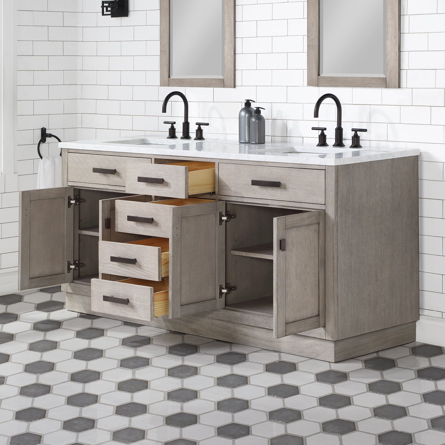 CHESTNUT 72"W x 34.2"H Gray Oak Double-Sink Vanity with Carrara White Marble Countertop