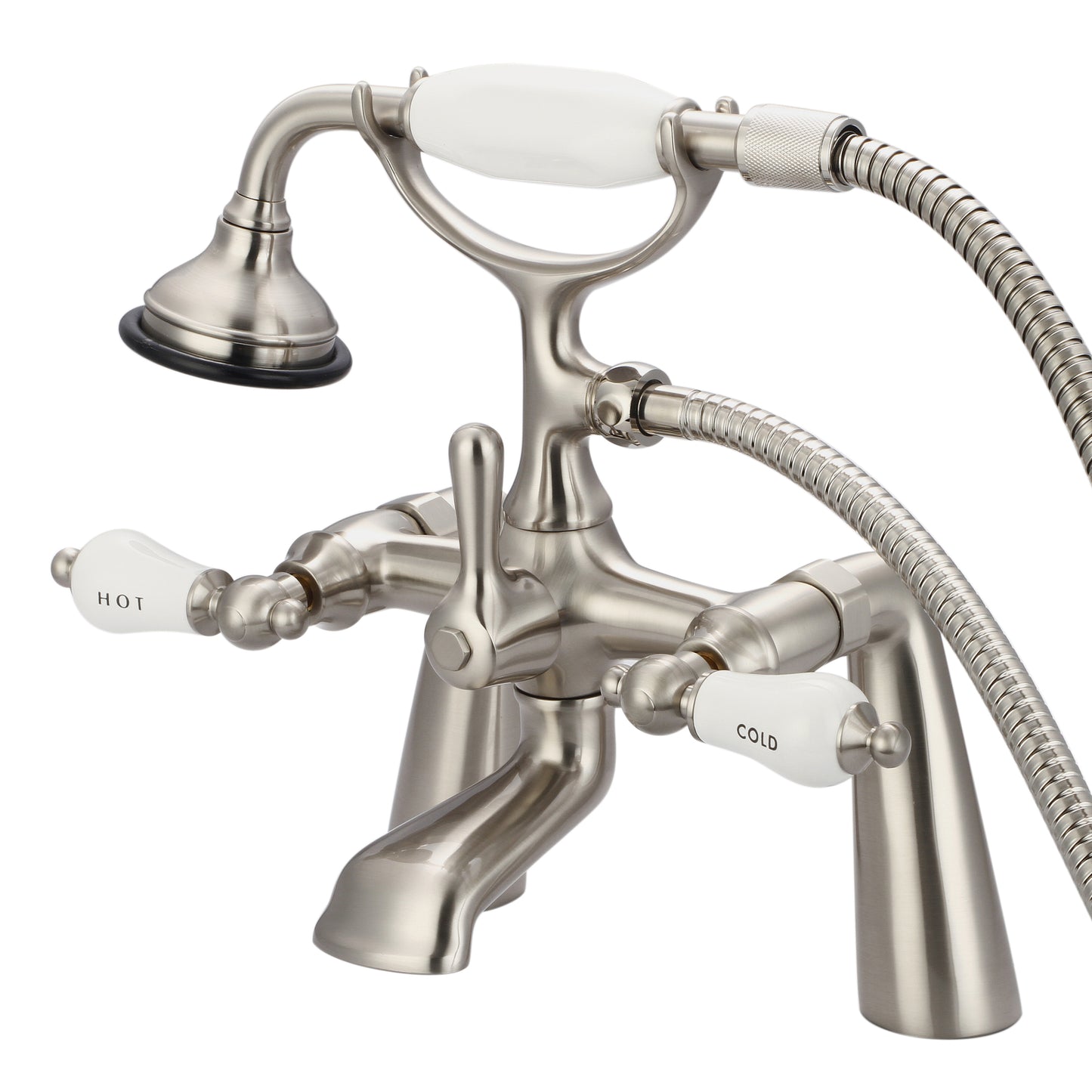 Vintage Classic 7" Spread Deck Mount Tub Faucet With Handheld Shower in Brushed Nickel Finish, With Porcelain Lever Handles, Hot And Cold Labels Included