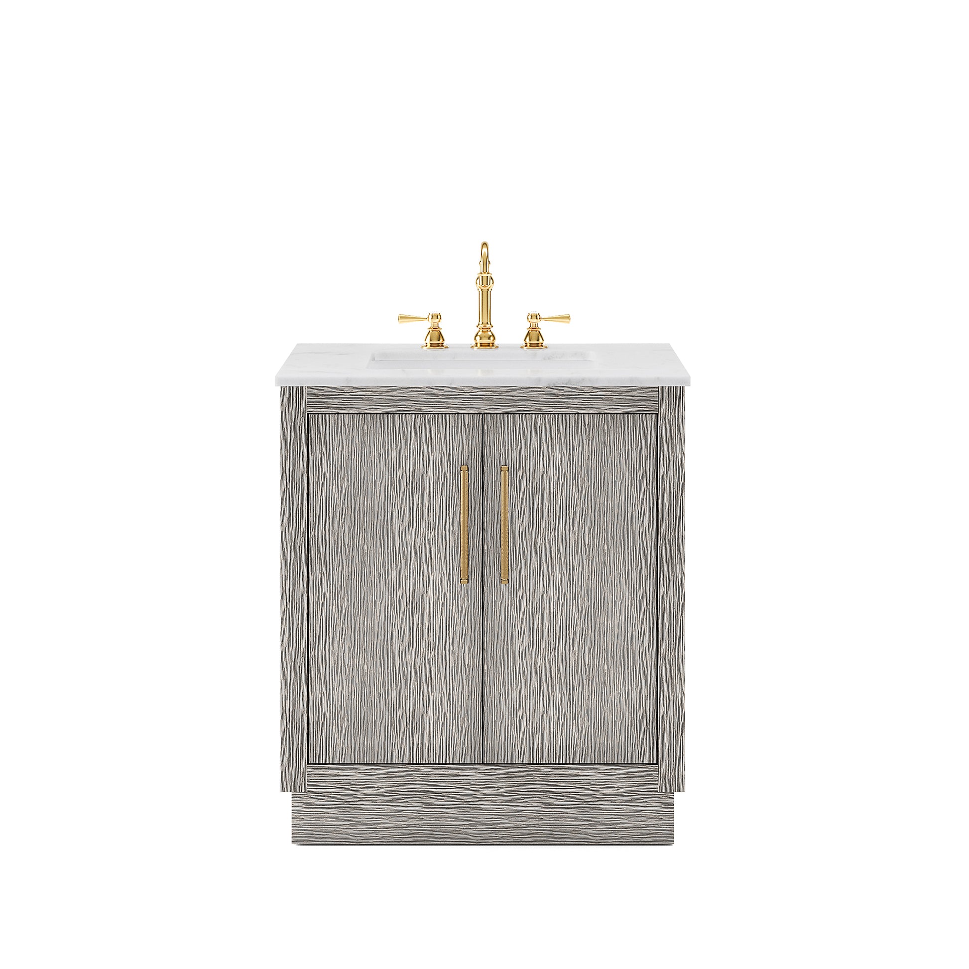 HUGO 30"W x 34.3"H Gray Oak Single-Sink Vanity with Carrara White Marble Countertop + Hook Faucet