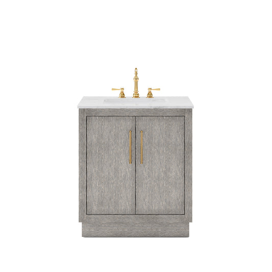 HUGO 30"W x 34.3"H Gray Oak Single-Sink Vanity with Carrara White Marble Countertop + Hook Faucet