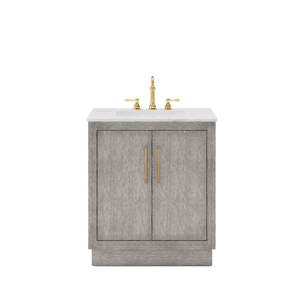 HUGO 30W x 34.3H Gray Oak Single-Sink Vanity with Carrara White Marble Countertop + Hook Faucet