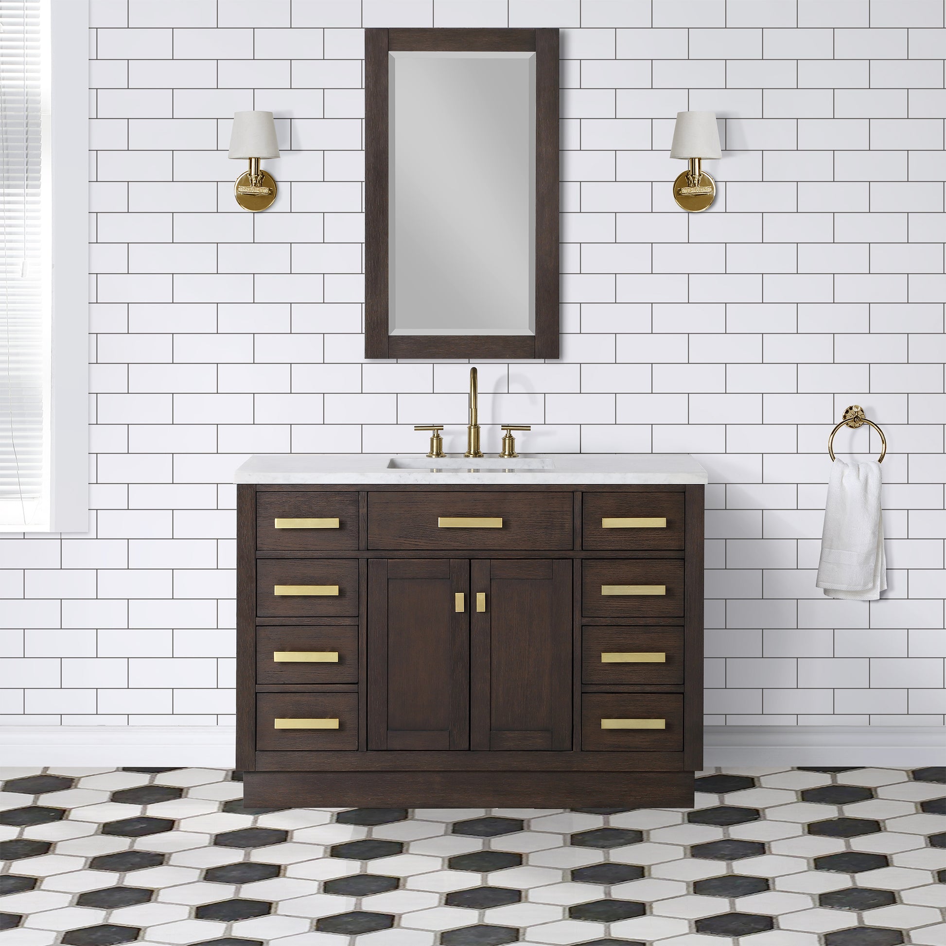 CHESTNUT 48"W x 34.2"H Brown Oak Single-Sink Vanity with Carrara White Marble Countertop