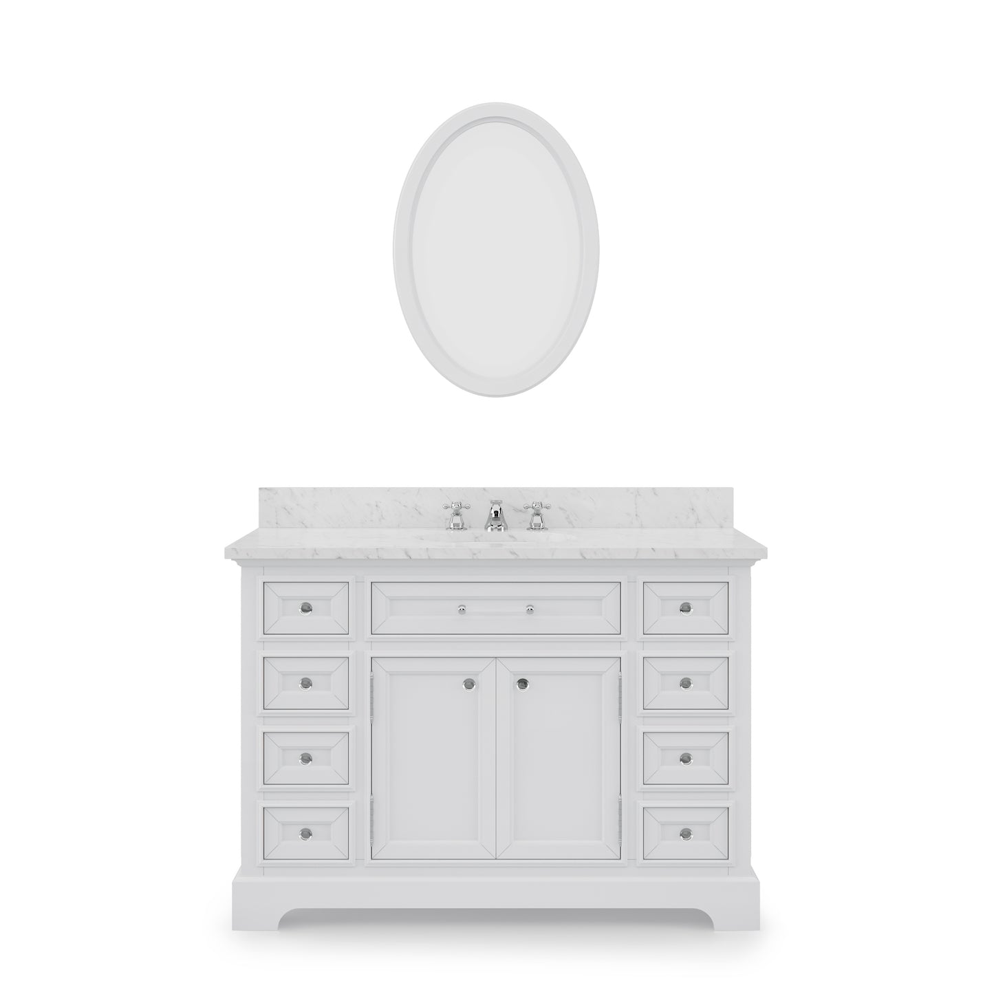 DERBY 48"W x 34"H Pure White Single-Sink Vanity with Carrara White Marble Countertop + Faucet & Mirror