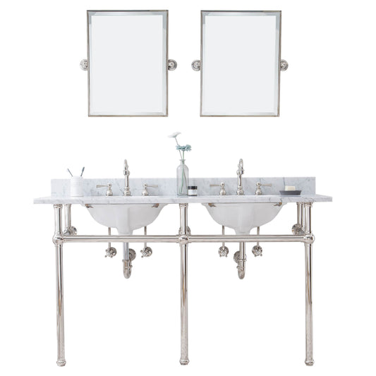 EMBASSY 60"W x 34"H  Double Washstand , P-Trap, Countertop with Sink, F2-0012 Faucet and Mirror included, in Polished Nickel Finish