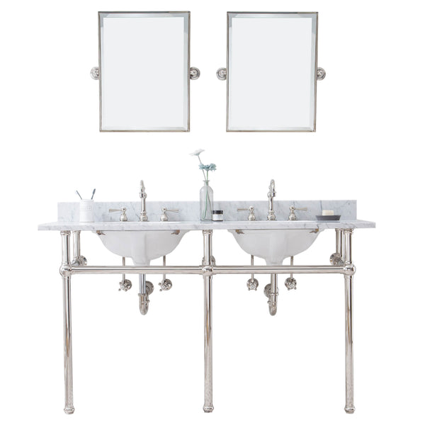 EMBASSY 60W x 34H  Double Washstand , P-Trap, Countertop with Sink, F2-0012 Faucet and Mirror included, in Polished Nickel Finish