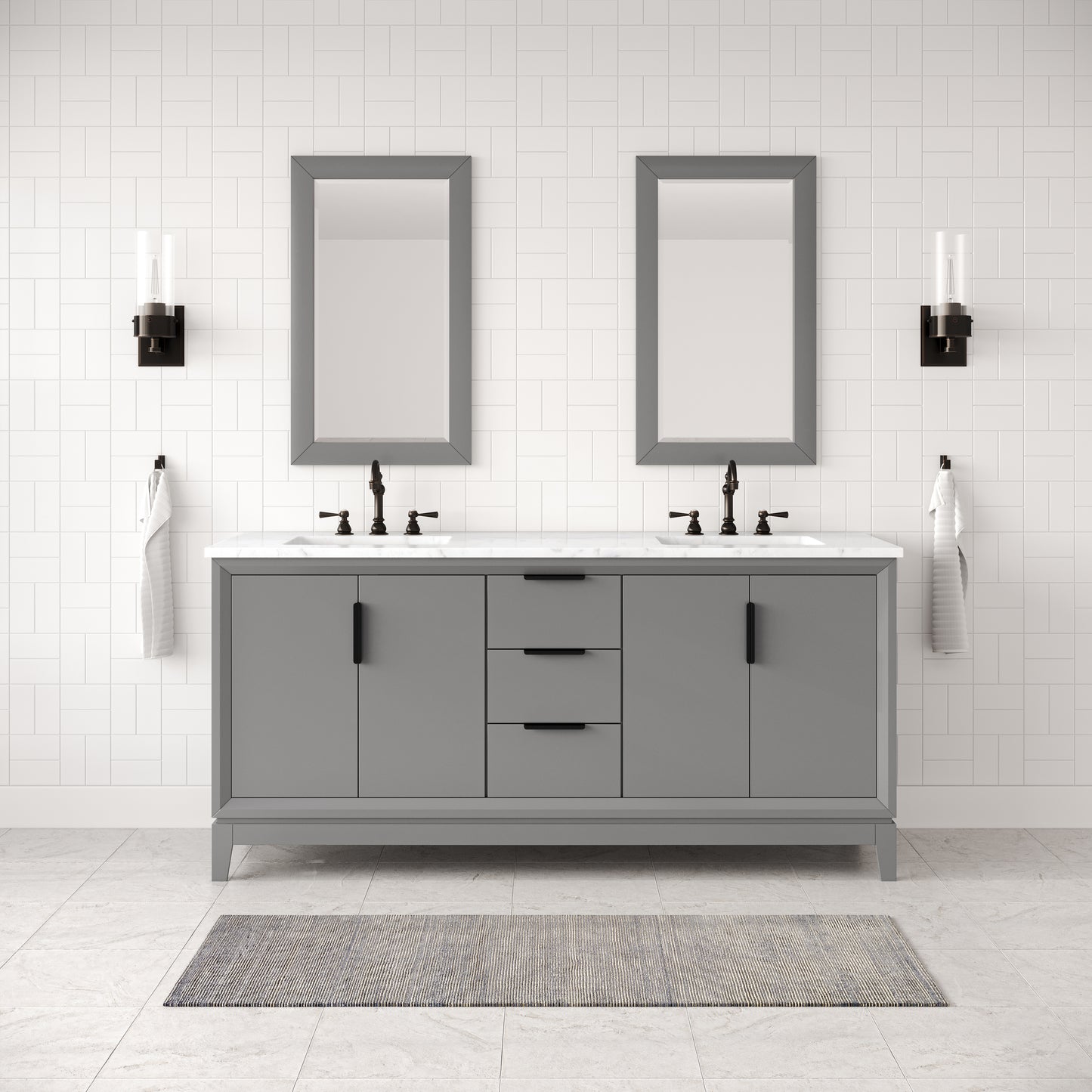 ELIZABETH 72"W x 34.25"H Cashmere Gray Double-Sink Vanity with Carrara White Marble Countertop + Faucets & Mirror (F2-0012-03-TL)