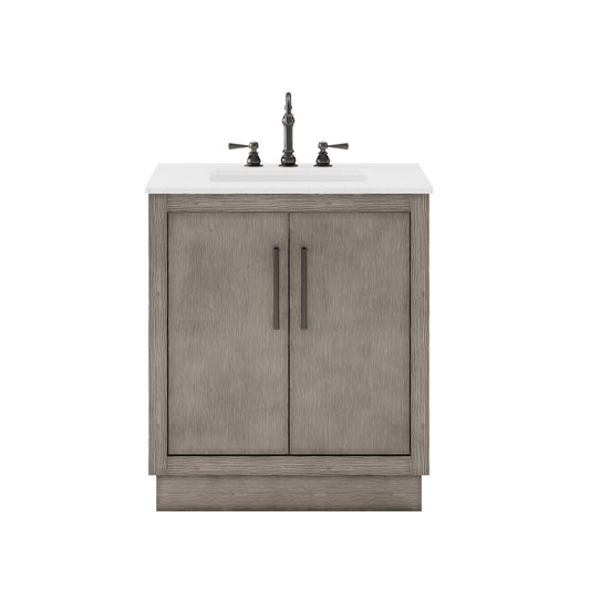 HUGO 30"W x 34.3"H Gray Oak Single-Sink Vanity with Carrara White Marble Countertop + Hook Faucet