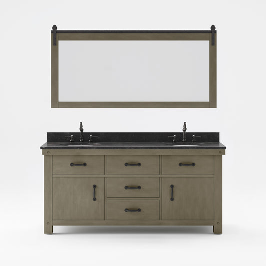 ABERDEEN 72"W x 34"H Grizzle Gray Double-Sink Vanity with Blue Limestone Countertop + Hook Faucet and Mirror