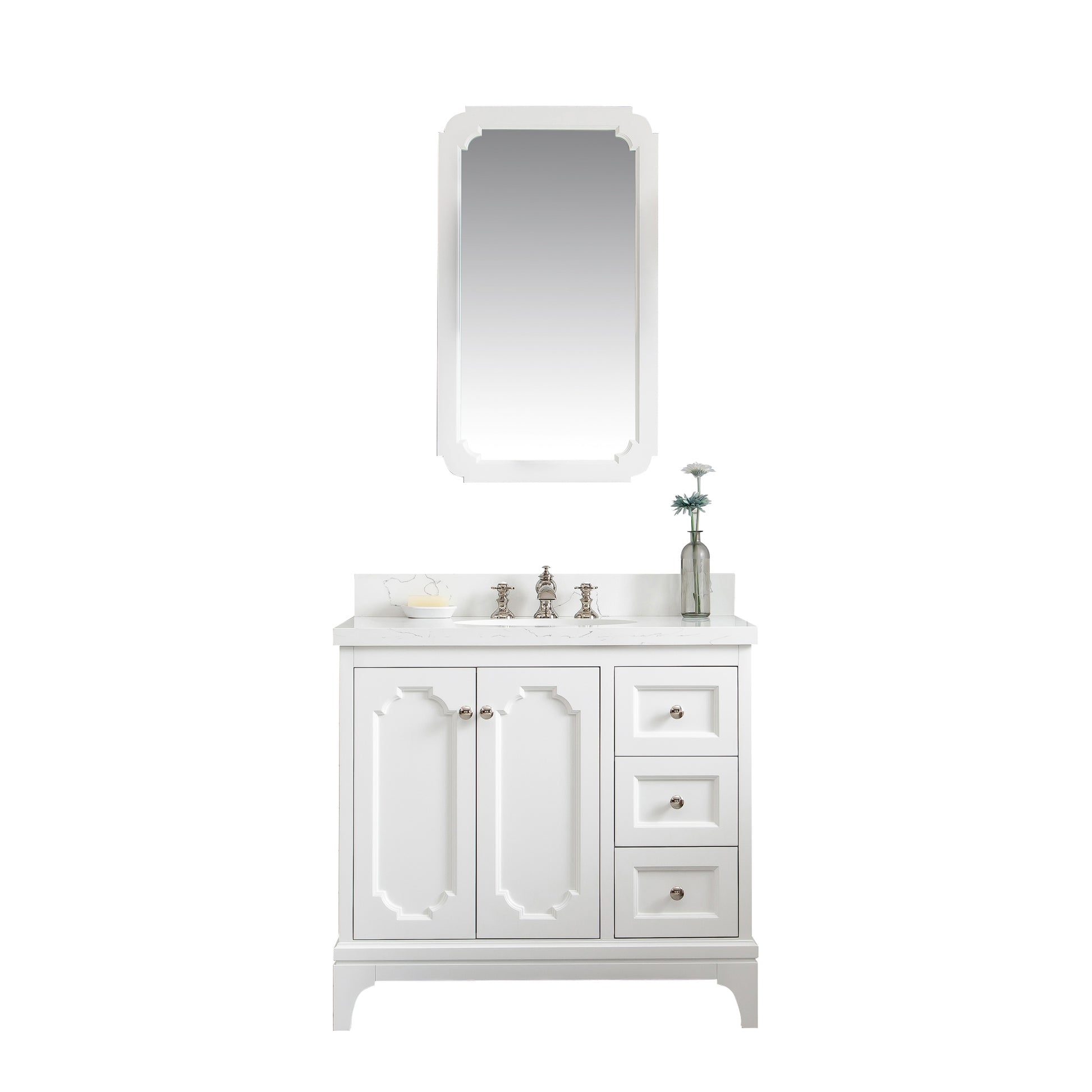 QUEEN 36"W x 34"H Pure White Single-Sink Vanity with Carrara Quartz Countertop + Faucets & Mirror (F2-0013)