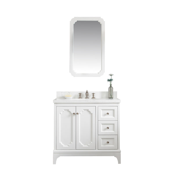 QUEEN 36W x 34H Pure White Single-Sink Vanity with Carrara Quartz Countertop + Faucets & Mirror (F2-0013)