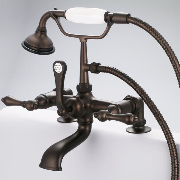 Vintage Classic 7 Spread Deck Mount Tub Faucet With 2 Risers & Handheld Shower in Oil Rubbed Bronze Finish, With Metal Lever Handles Without Labels