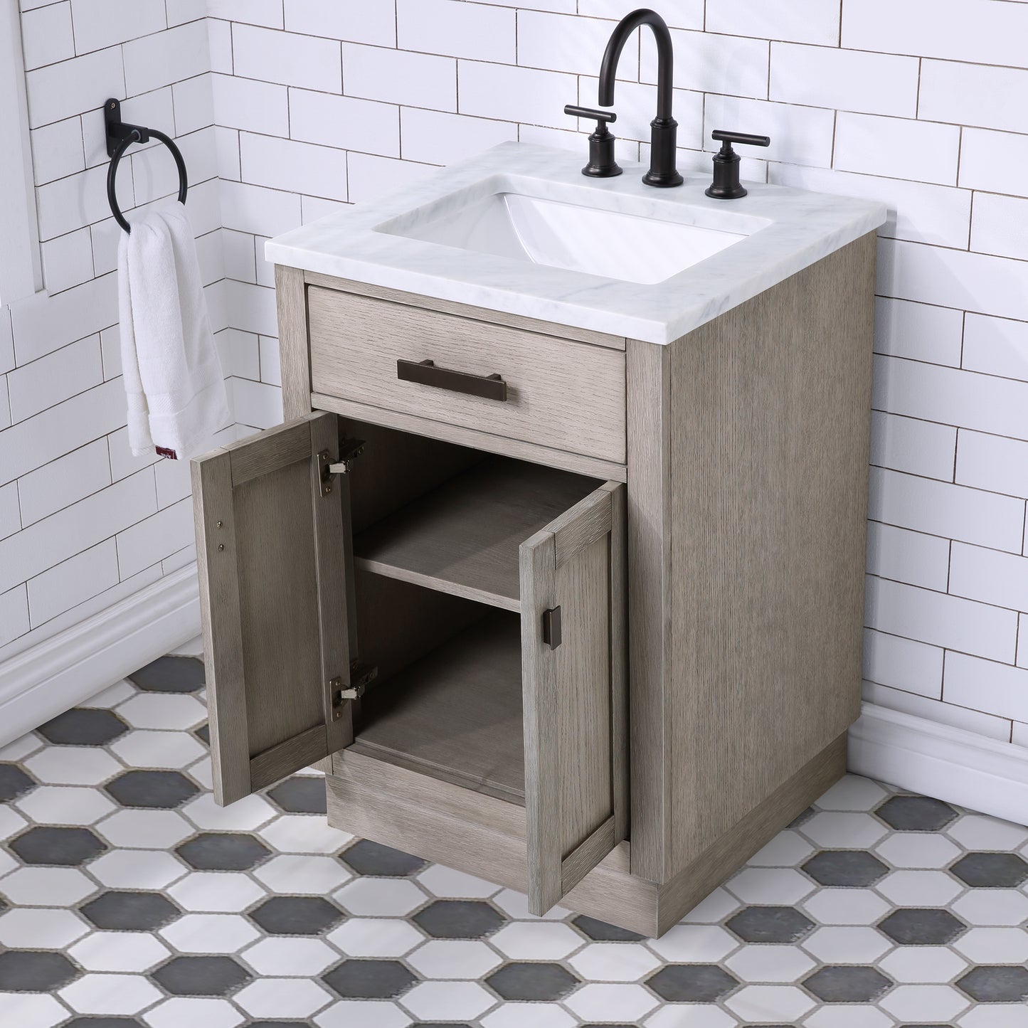 CHESTNUT 24"W x 34.2"H Gray Oak Single-Sink Vanity with Carrara White Marble Countertop + Mirror