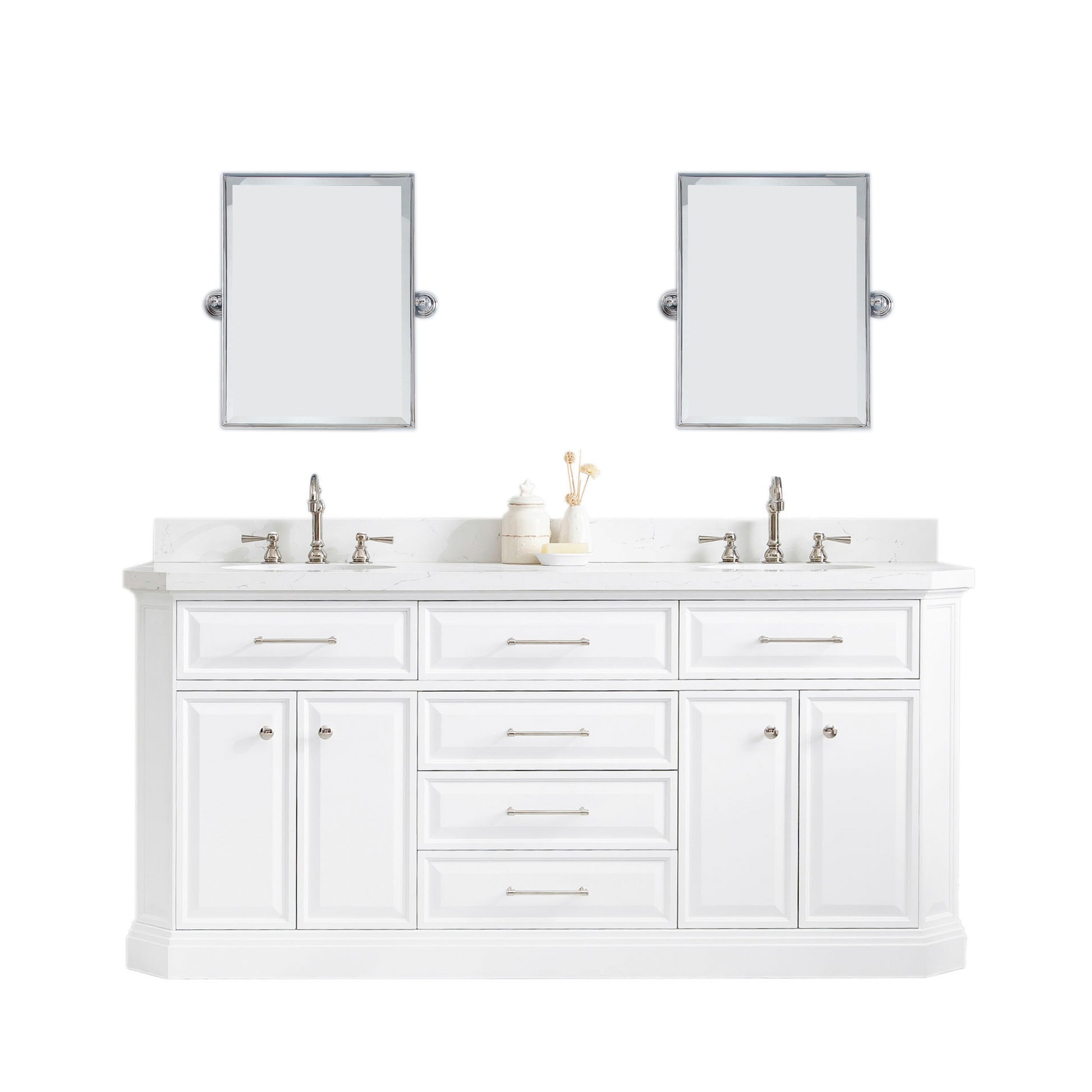 PALACE 72"W x 34"H Pure White Vanity with Carrara Quartz Countertop + Faucets & Mirror (F2-0012), Polished Nickel Finish Hardware & Mirror