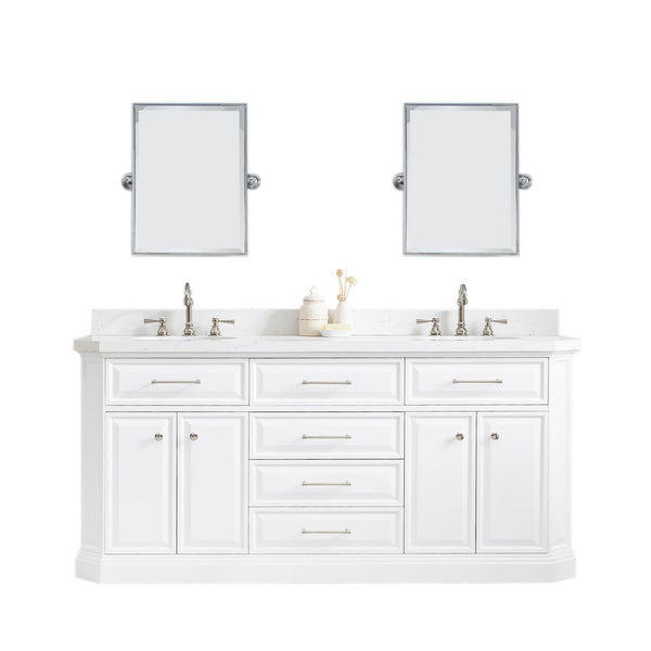 PALACE 72W x 34H Pure White Vanity with Carrara Quartz Countertop + Faucets & Mirror (F2-0012), Polished Nickel Finish Hardware & Mirror