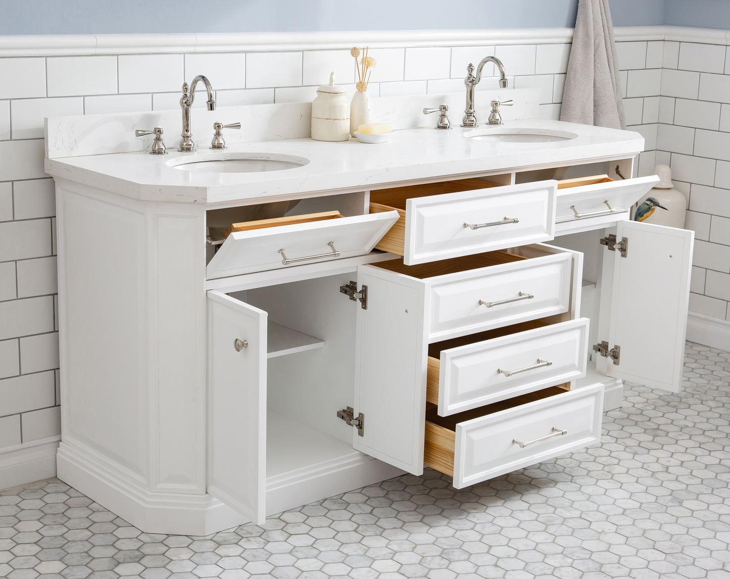 PALACE 72"W x 34"H Pure White Vanity with Carrara Quartz Countertop + Faucets & Mirror (F2-0012), Polished Nickel Finish Hardware & Mirror