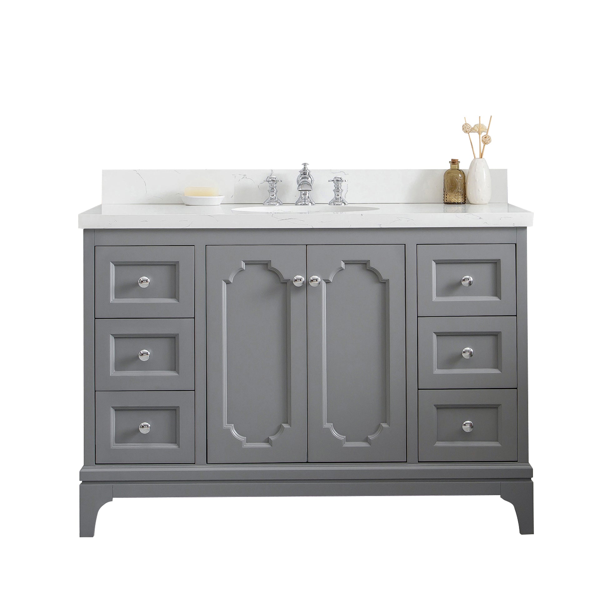 QUEEN 48"W x 34"H Cashmere Gray Single-Sink Vanity with Carrara Quartz Countertop + Faucets (F2-0013)