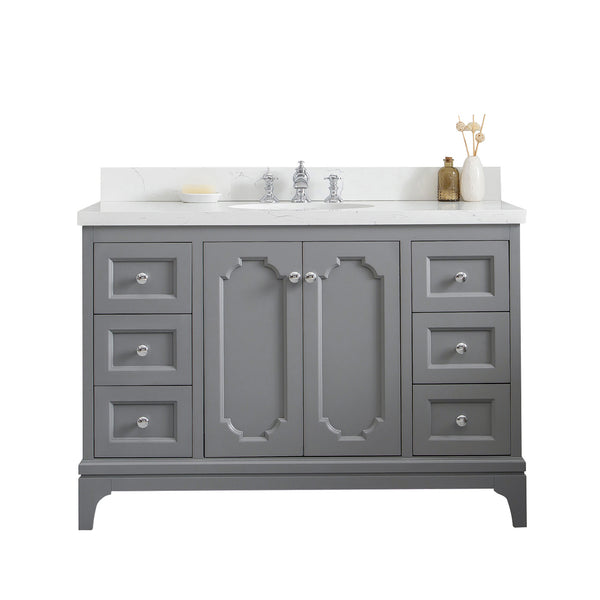 QUEEN 48W x 34H Cashmere Gray Single-Sink Vanity with Carrara Quartz Countertop + Faucets (F2-0013)