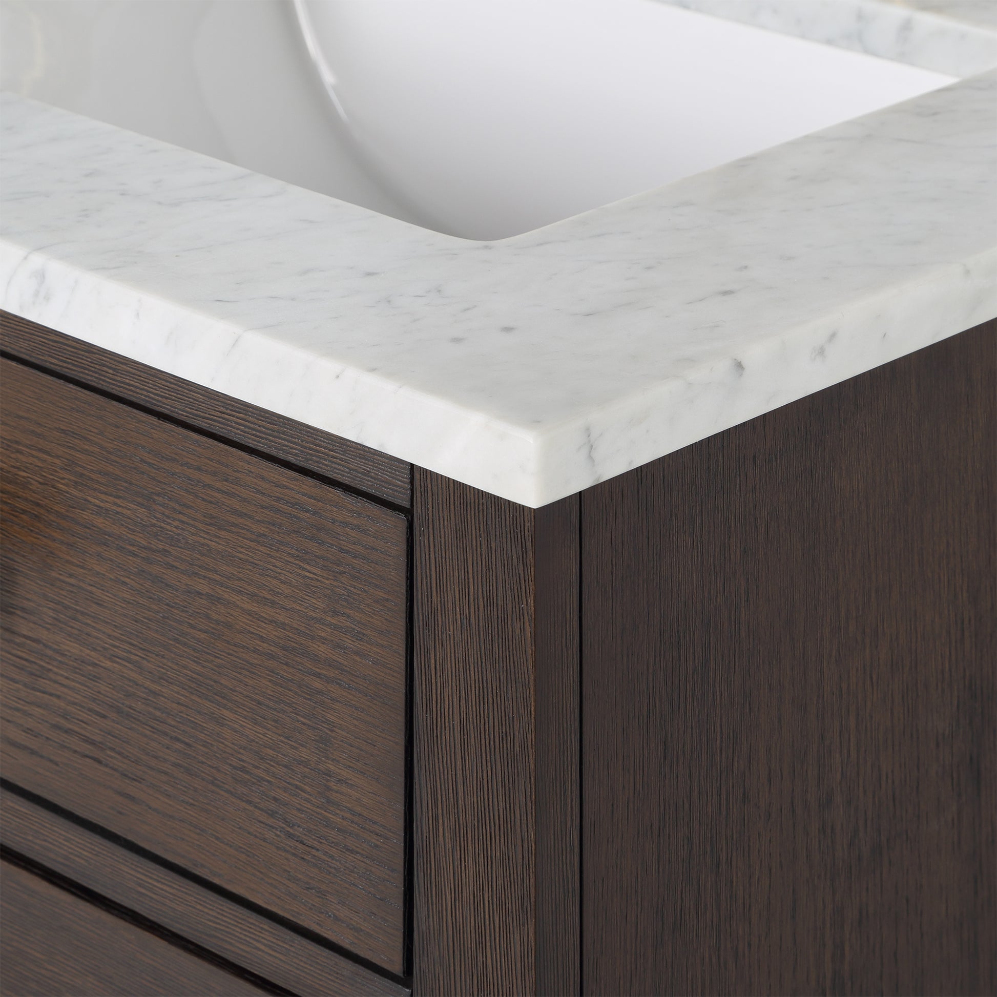 CHESTNUT 60"W x 34.2"H Brown Oak Double-Sink Vanity with Carrara White Marble Countertop + Faucets