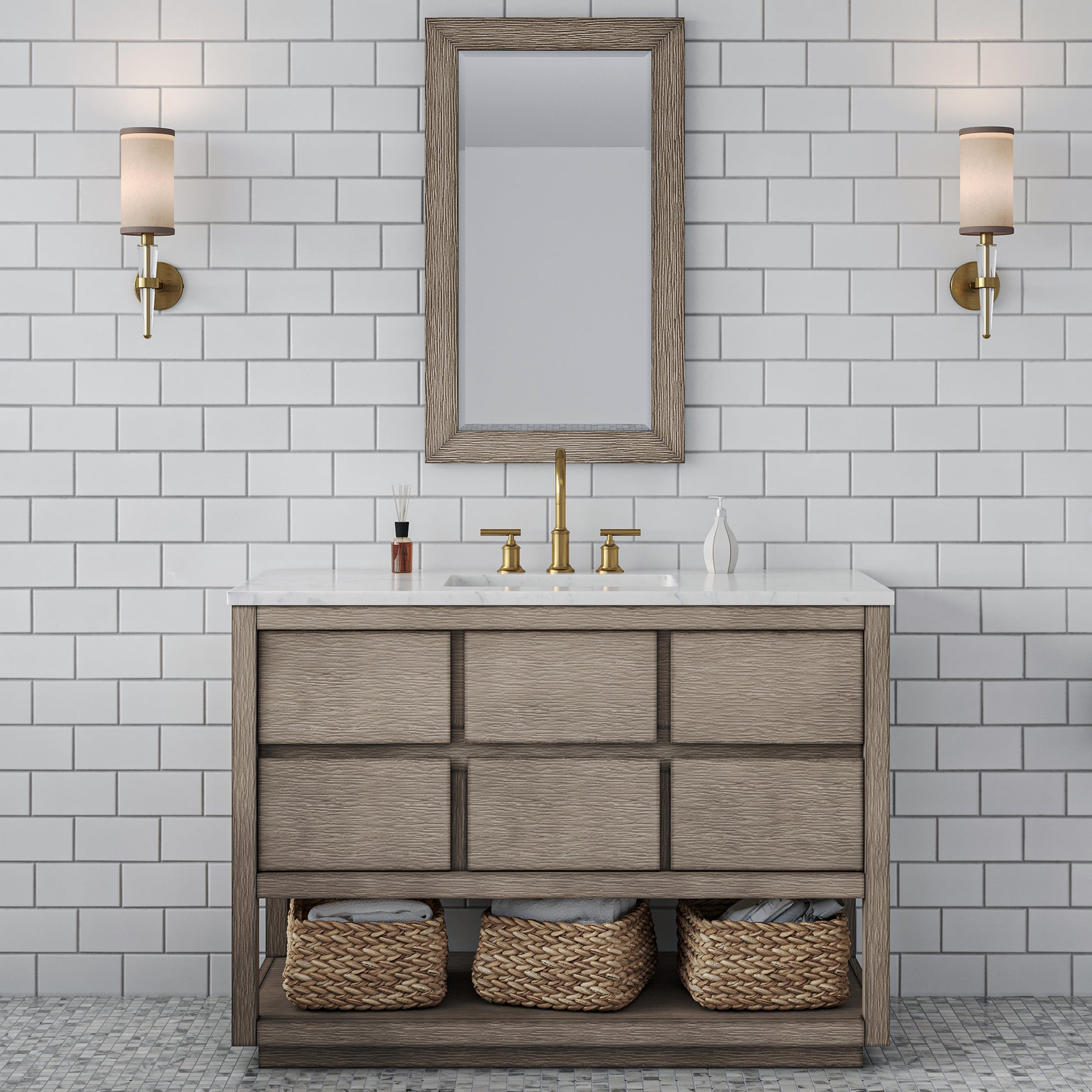 OAKMAN 72"W x 34.3"H Gray Oak Single-Sink Vanity with Carrara White Marble Countertop + Gold Faucets and Rectangular Mirrors