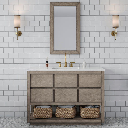 OAKMAN 72"W x 34.3"H Gray Oak Single-Sink Vanity with Carrara White Marble Countertop + Gold Faucets and Rectangular Mirrors