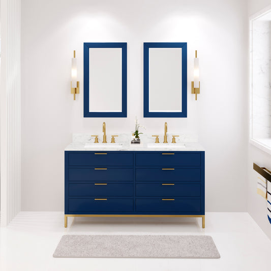 BRISTOL 60"W x 34"H Monarch Blue Double-Sink Vanity with Carrara White Marble Countertop + Satin Gold Gooseneck Faucets and Rectangular Mirrors (S)